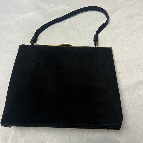 Vintage Black Suede Gold Frame Clutch Purse Evening Bag Party Handbag 11x9 - Picture 1 of 10